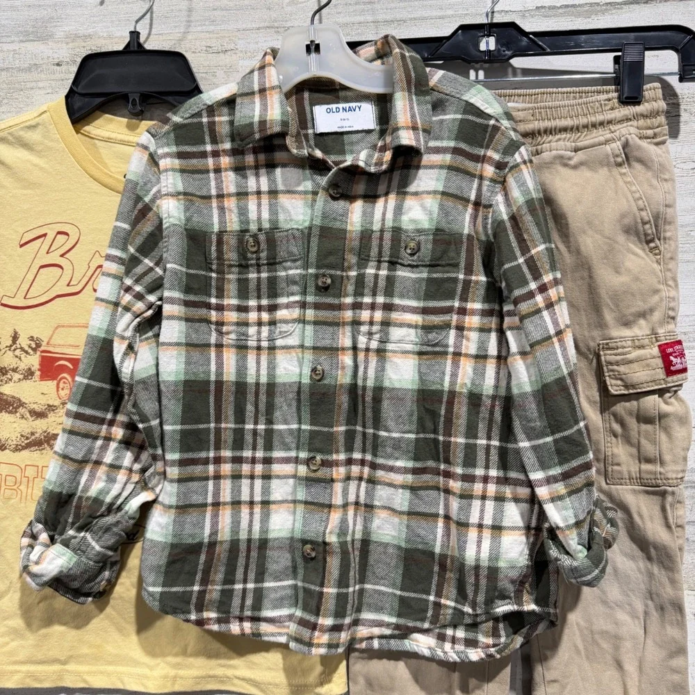 Ford Old Navy Levi's Outfit Set Boys 6/7 Khaki Green Plaid Bronco GUC